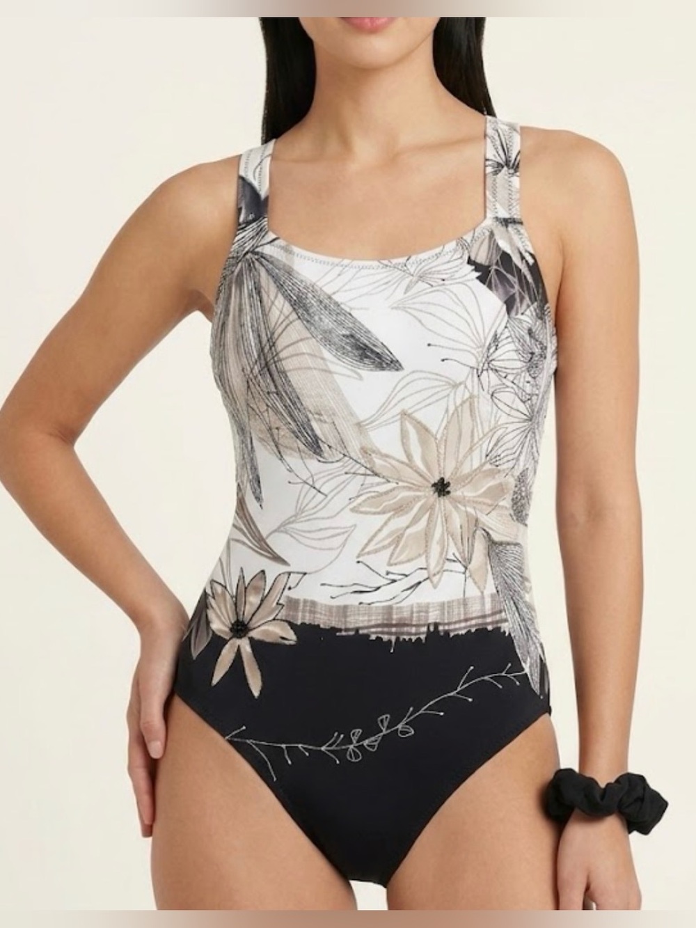 Vintage Gottex Swimsuit 6 Black White 3D Floral One Piece Bathing Suit Designer